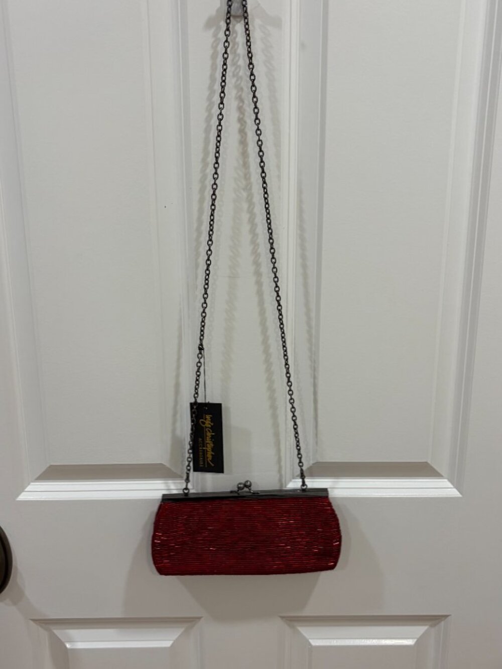 NWT Inge Christopher Red Beaded Evening Clutch with Chain Strap